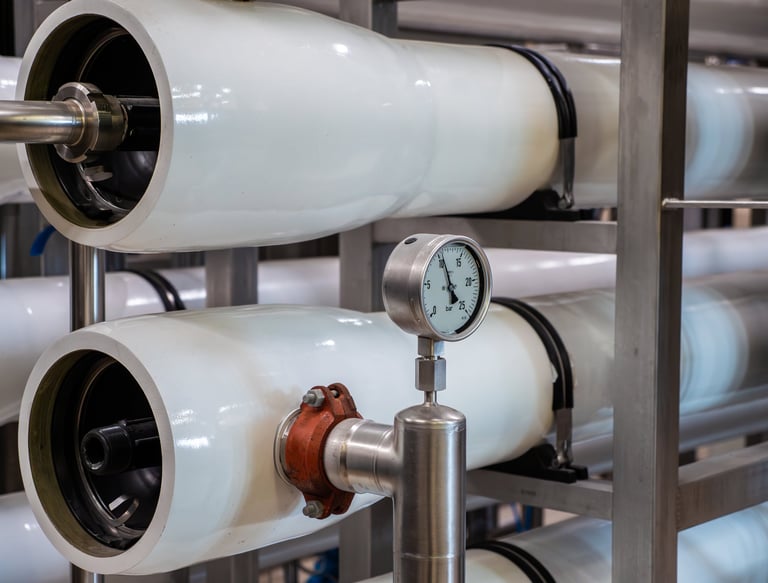 Pressure meter attached to filtration system in a water treatment facility.