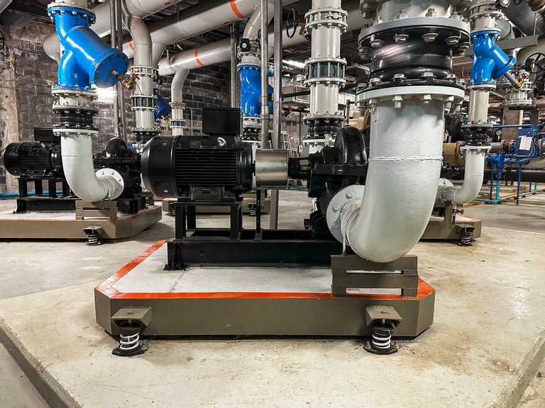 Chiller rooms, large industrial refrigeration rooms, including motor and water pipes