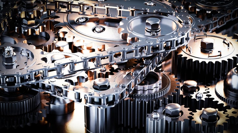 Intricate clockwork mechanism with multiple gears and chains working in perfect synchronization