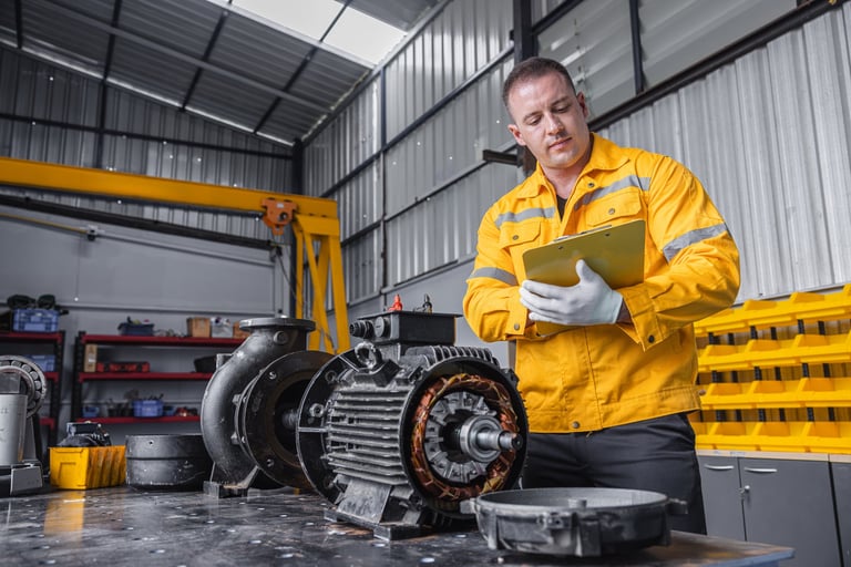 Engineer Checking DC Motor, Technician Mechanic Man in Garage Check Test Inspecting Service Maintenance Machine Motor Stator in Machinery workshop.