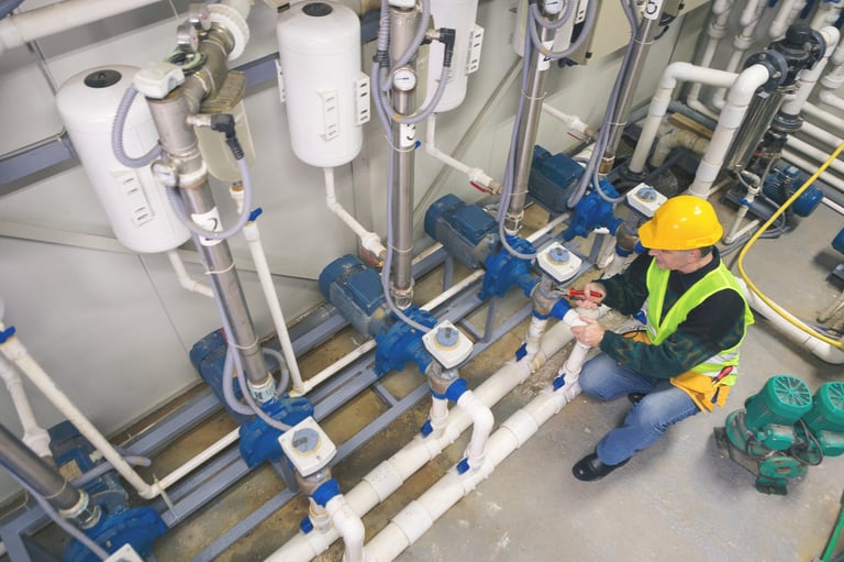 Senior man in a boiler room working.