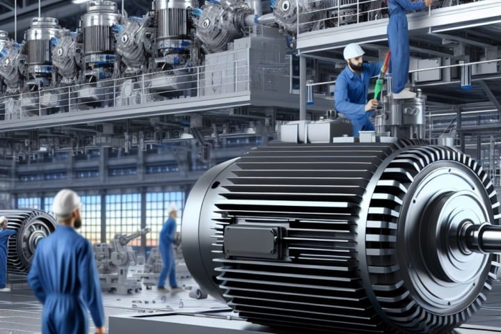 Industrial factory workers assembling a large electric motor with metal fins in a manufacturing facility